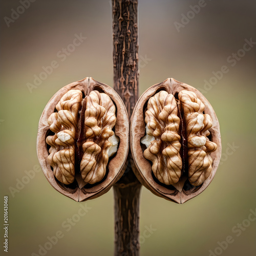 Two halves of a fresh brown walnut showing the kernel inside