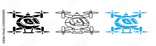 Drone icon set black outline and blue variations