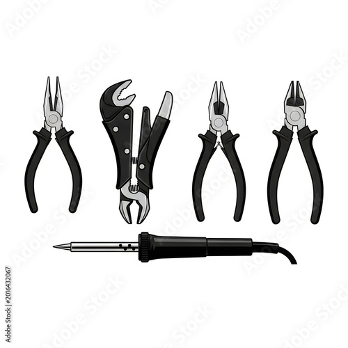 Set of metal pliers and a soldering iron for repair and construction work