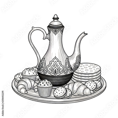 Vintage tea pot with assorted pastries and cookies on a serving tray