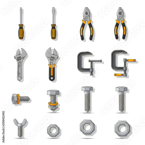 Set of various metal construction tools and hardware fasteners