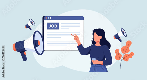 Job Search Announcement - Woman, Megaphone, Job Listing Screen