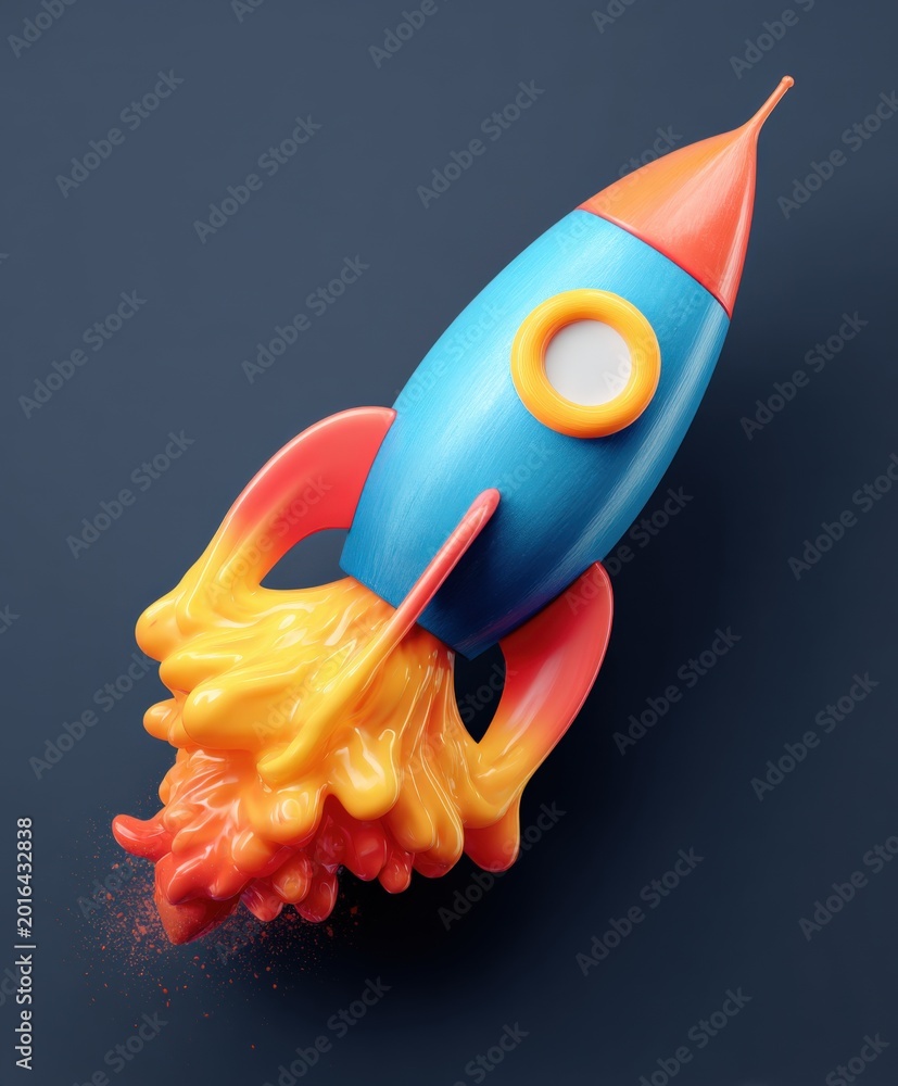 Fototapeta premium Colorful 3D Rocket Ship Launching with Fiery Exhaust Against a Dark Background