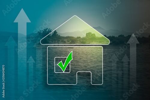 Symbol of growth in investment in the financial markets, real estate, and home mortgages. Icon of a house with a green check mark and arrows pointing upwards. Concept mortgages and business success.