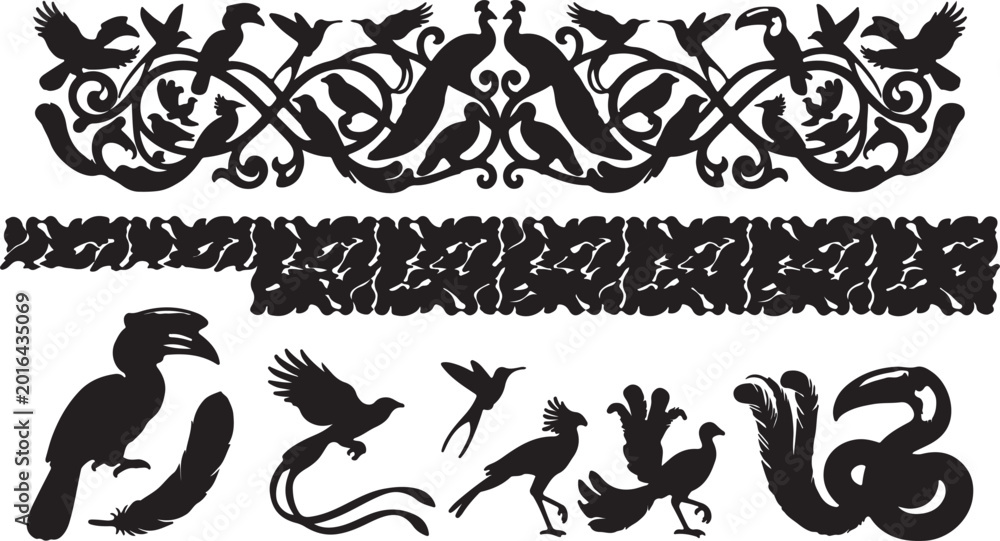 Fototapeta premium Ornate Bird Silhouettes and Decorative Floral Border Collection with Exotic Species