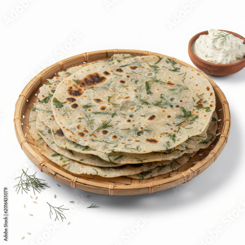Akki Roti with Dill on Bamboo Plate Isolated on White Background Square Composition Studio Shot