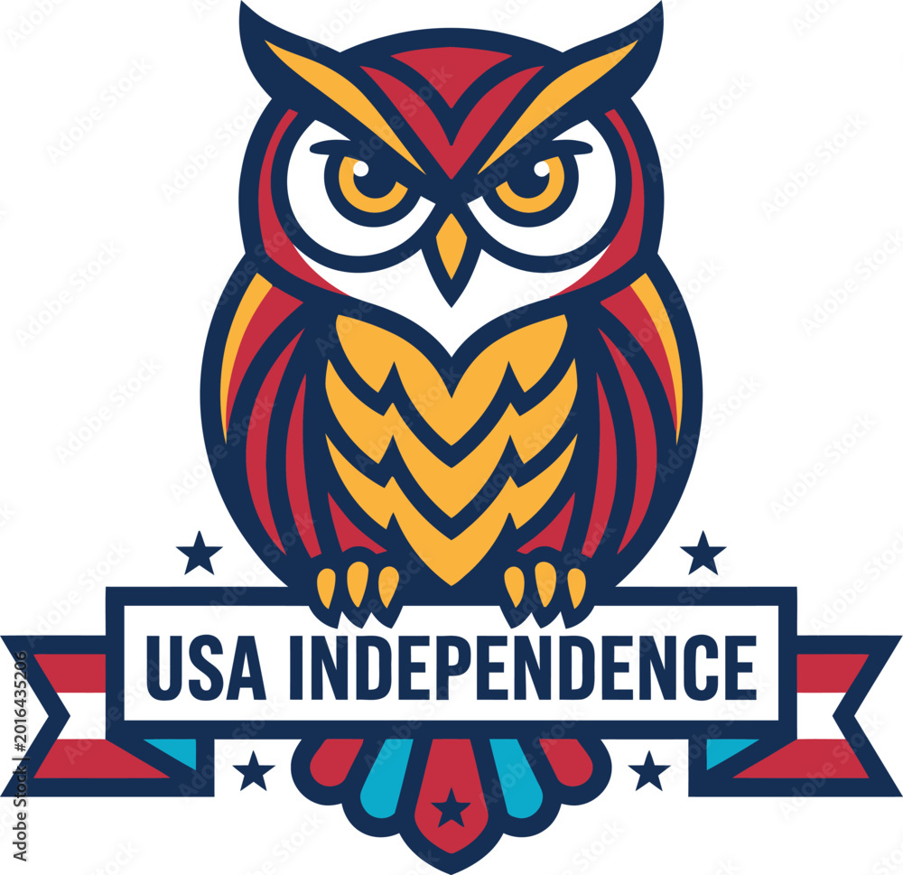 Obraz premium Colorful owl with USA Independence banner and stars on white background
