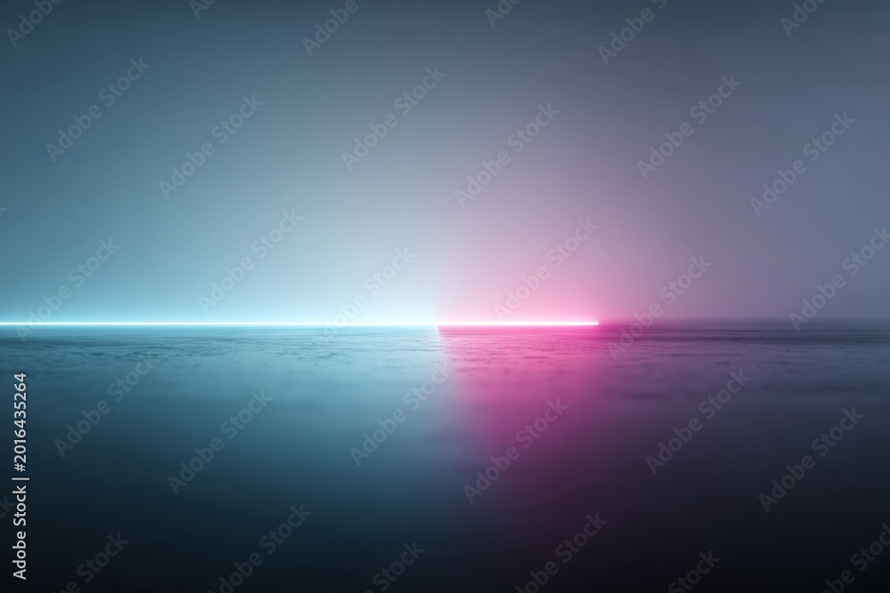 Fototapeta premium Abstract Minimalist Concrete Floor with Vibrant Neon Blue and Pink Light Horizon Glow