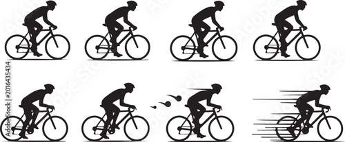 Cyclist Riding Bicycle in Motion Silhouette Sequence