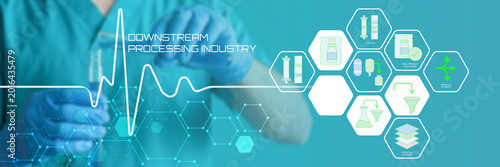 Modern downstream processing industry visualization featuring medical and pharmaceutical icons with a healthcare professional