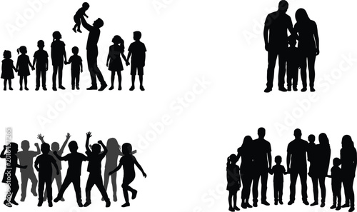 Black, silhouette, collection, of, families, children, and, groups, jumping, playing, dancing, and, together, isolated, on, white, background, vector, set, illustration.