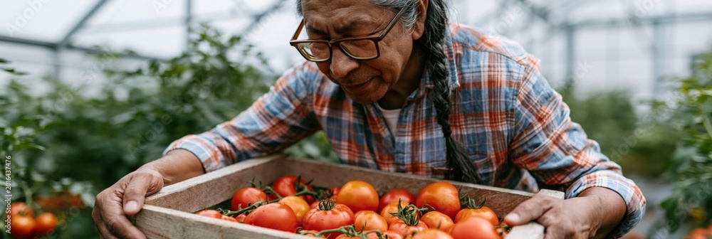 Fototapeta premium Senior farmer inspecting wooden crate of tomatoes in greenhouse