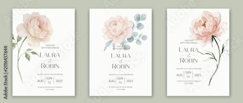Wedding card template with watercolor flower rose.