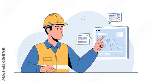 Engineer analyzing data on digital screen, safety helmet, construction industry concept.