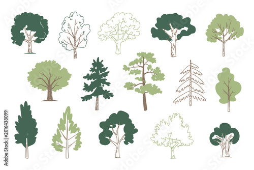 Diverse collection of stylized and hand-drawn trees with various styles vector illustration