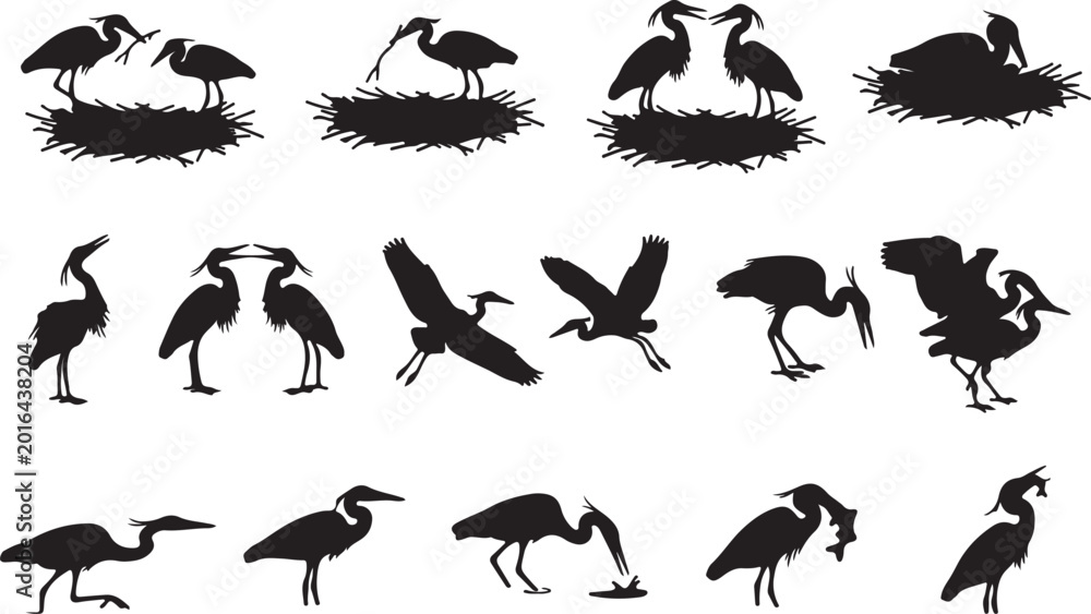 Fototapeta premium Heron and Crane Silhouettes Set with Birds Nesting Flying and Hunting Fish.