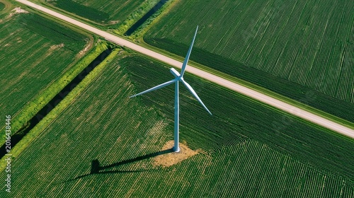 High altitude aerial view of single wind turbine standing on large lush green agricultural farm field crossed by road and canal shows clean wind energy