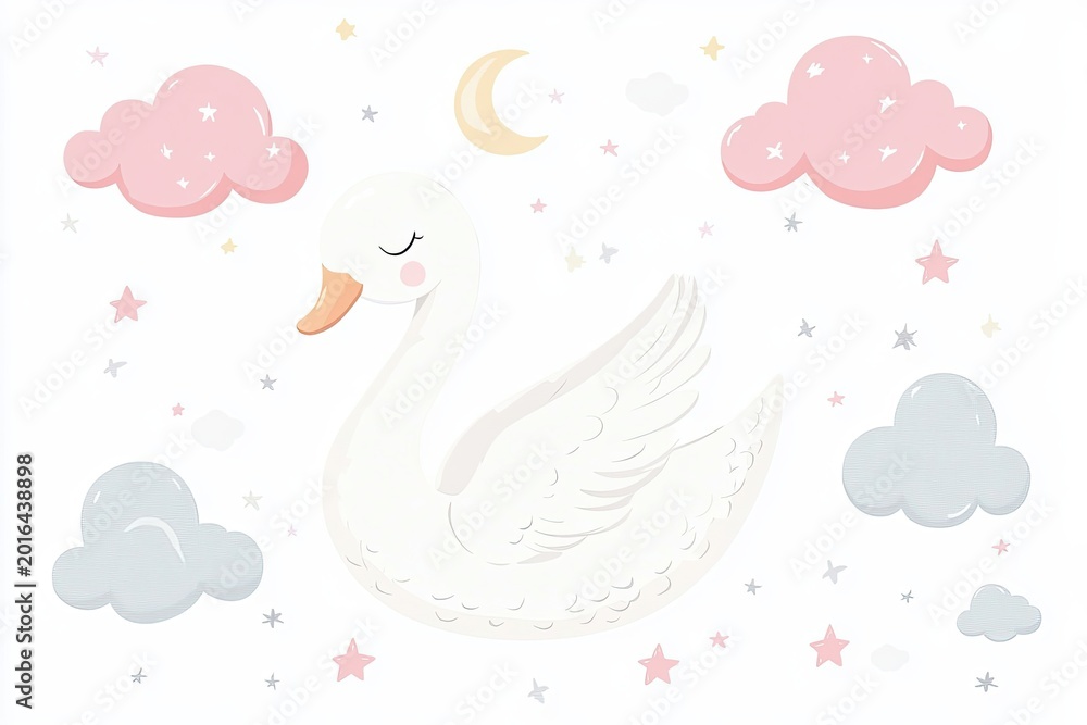 Obraz premium Gentle swan illustration with dreamy elements. Perfect for nursery wall art, gifts and parenting content.