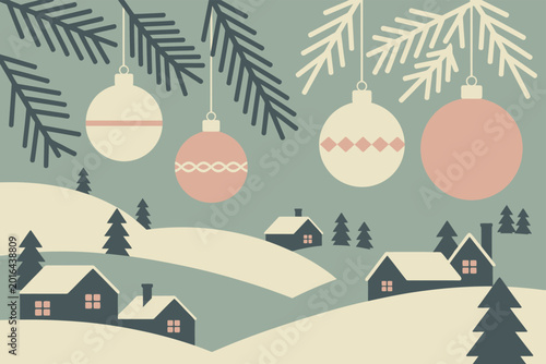 Canvas Print Winter christmas landscape with snow-covered hills houses pine trees hanging orn