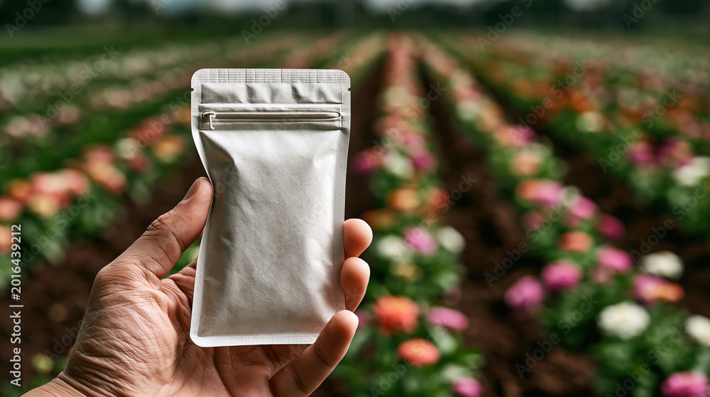 Obraz premium Human hand holding a blank white resealable seed packet in a vibrant flower garden. Close-up eye-level shot with soft natural light and blurred colorful flower rows in the background. Mockup ready.
