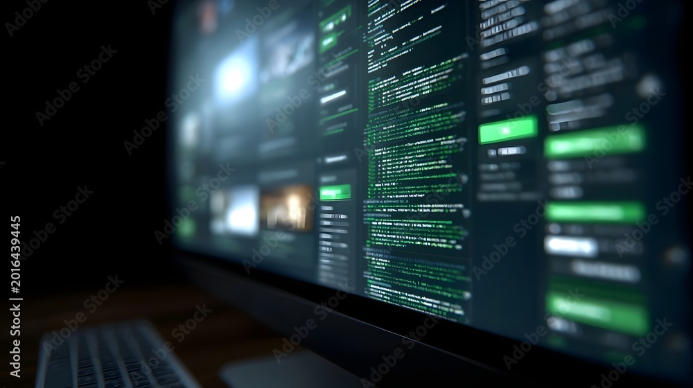 Fototapeta premium A detailed glowing display of green programming code and data streams on a dark monitor symbolizing advanced digital communication and system
