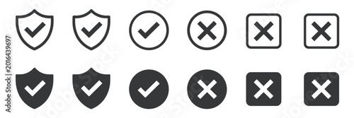 Fotografie Set of checkmark and cross in shield circle and square shapes check mark cross m