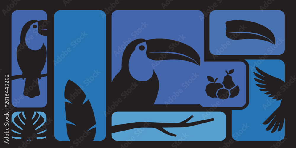 Fototapeta premium Stylized toucan and jungle elements in blue and black design.