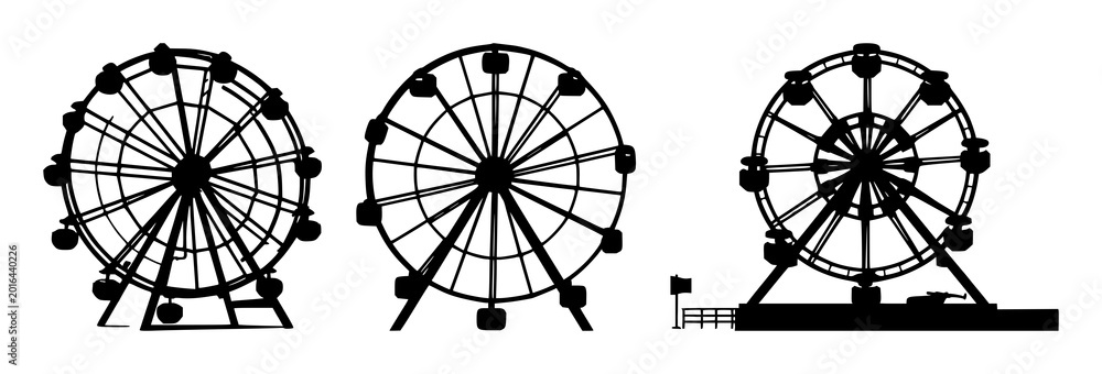Fototapeta premium Ferris wheel set with solid black icon and white background featuring rides, carnival, amusement with vector and illustration