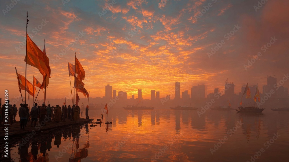 Naklejka premium Vibrant Cultural Parade at Sunset with Saffron Flags Reflecting in Water Against City Skyline