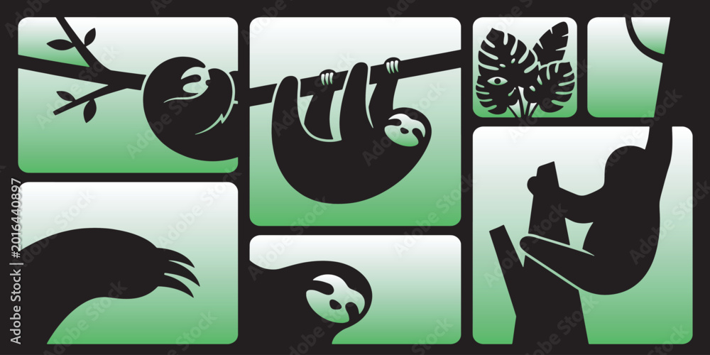 Naklejka premium Collection of sloth silhouettes in various poses on branches and with tropical leaves, illustrating their slow-moving nature and habitat.