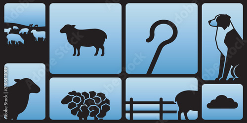 Canvas Print Sheep farming and herding elements illustration with shepherd's crook and dog