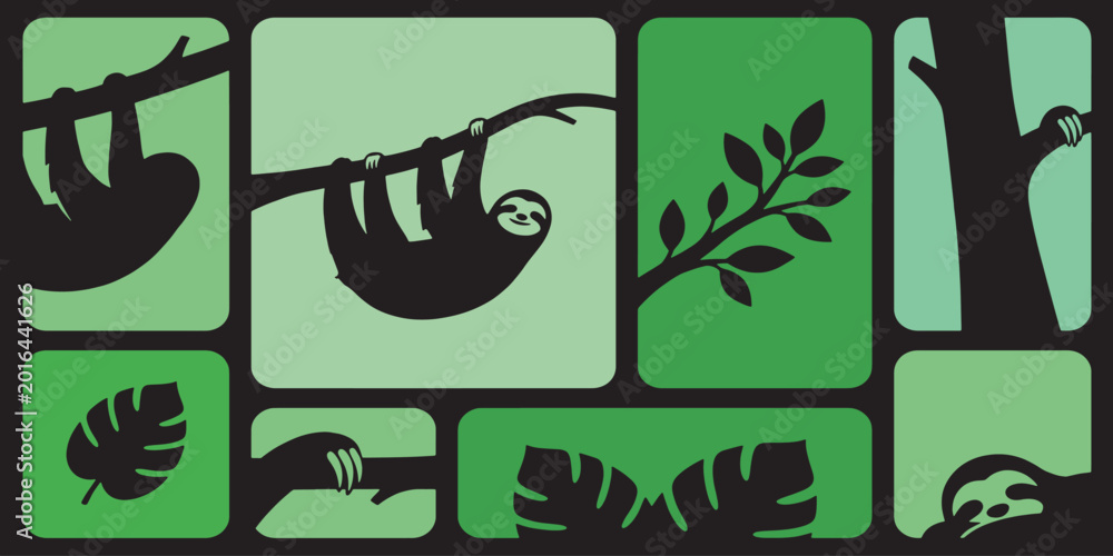 Obraz premium Sloth and Jungle Elements in a Green and Black Geometric Pattern.