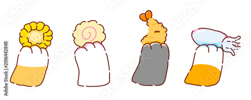 Εκτύπωση καμβά Collection of cute cat paws holding various food, hand-drawn kawaii doodle vector set