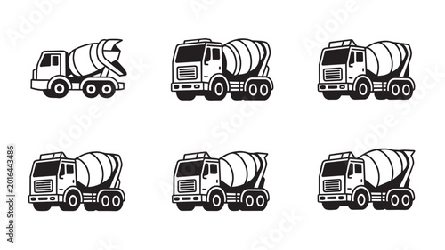 Set of concrete mixer truck icons in black and white
