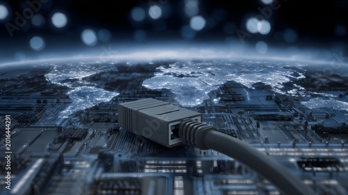 A high tech visualization of global data connectivity featuring a physical connector resting on a glowing digital world grid