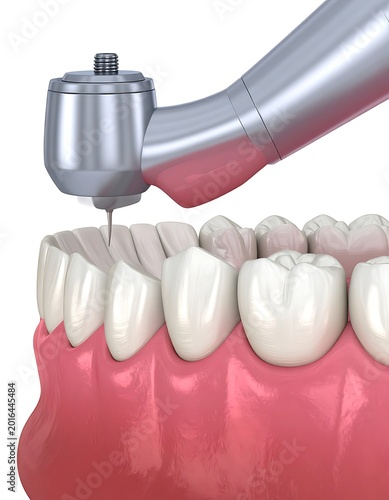 A dental implant procedure on a set of white teeth