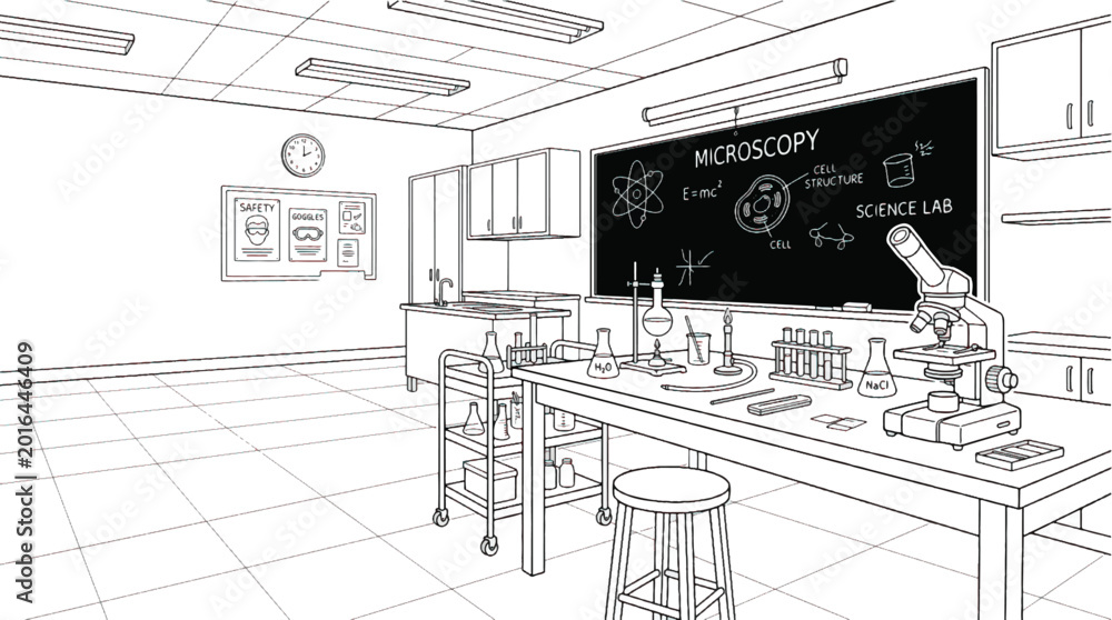 Fototapeta premium Detailed illustration of a science lab with microscope blackboard and various scientific equipment on a table