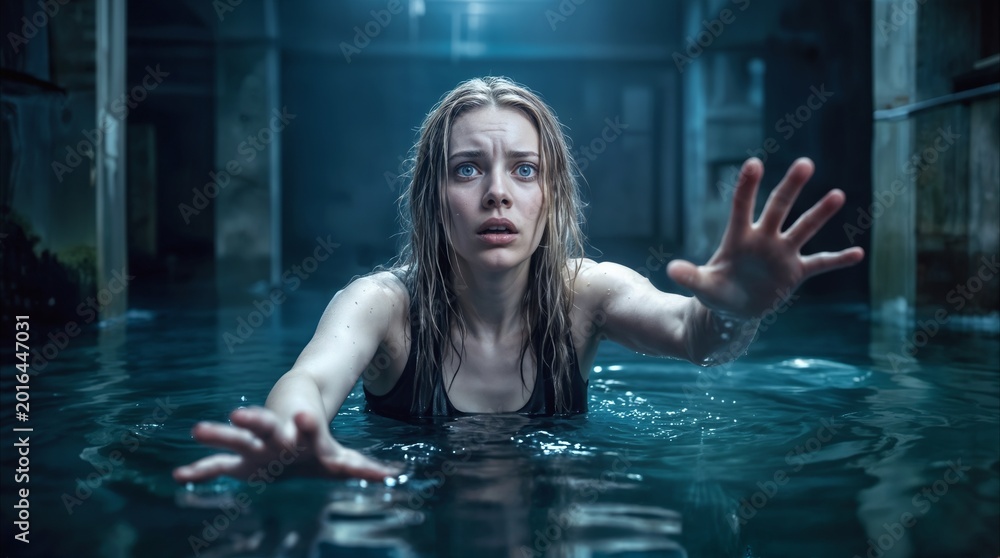 Fototapeta premium Frightened woman reaching out for help while trapped in a flooded basement. Survival concept in dark underground environment.