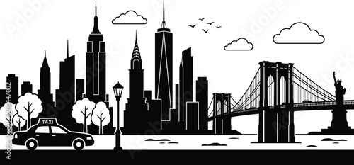 Fotografi New York City silhouette illustration, iconic skyline with Empire State Building