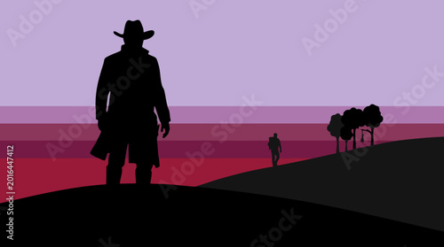 Tableau sur toile Cowboy silhouette against a dramatic sunset with distant gallows
