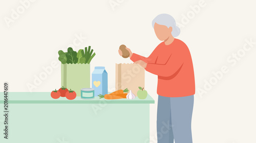 Tableau sur toile Illustration of an older woman unpacking groceries at home