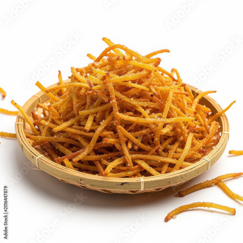 Jhuri Aloo Bhaja on Bamboo Plate Isolated on White Background Square Composition Studio Shot
