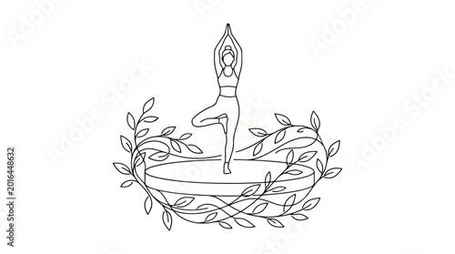 Elegant Yoga Tree Pose Line Art with Floral Botanical Elements