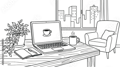 Modern Home Office Workspace with Laptop and City View