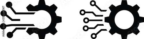 Black gear icons with circuit board elements on white background