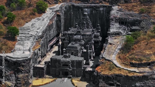 Aerial view of the Kailasa Temple at Ellora Caves in Maharashtra, India. This ancient rock-cut temple, carved from a single monolithic structure, stands as a masterpiece of Indian architecture.