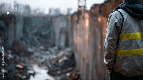Construction Site Scene with Damaged Boundary and Worker Observing