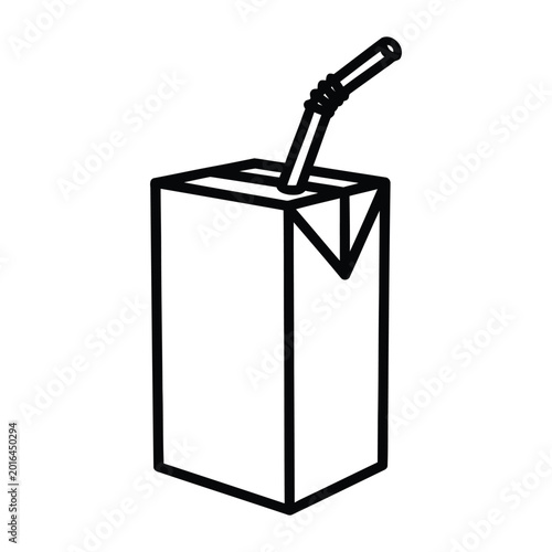 Small juice box with a flexible straw depicted as a clean black and white line art vector icon for beverage packaging design