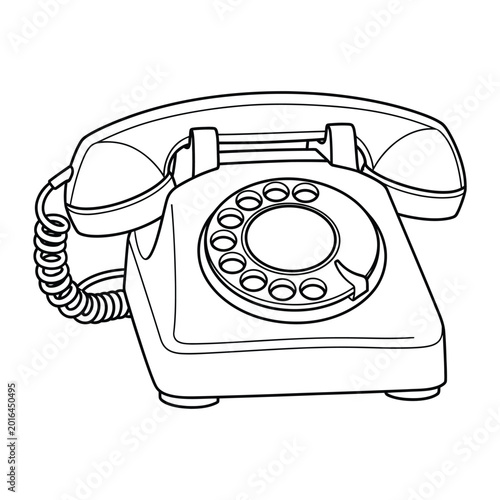 Minimalist black and white line drawing of a rotary telephone representing communication and retro technology concepts