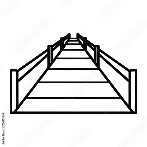 Wooden boardwalk perspective line art showing timber planks and side railings leading toward horizon vector illustration
